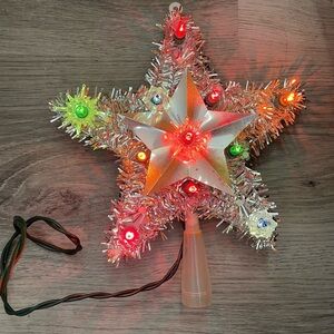 Vintage Festive Kmart Silver Star Tree Topper with Multicolor Christmas Lights
